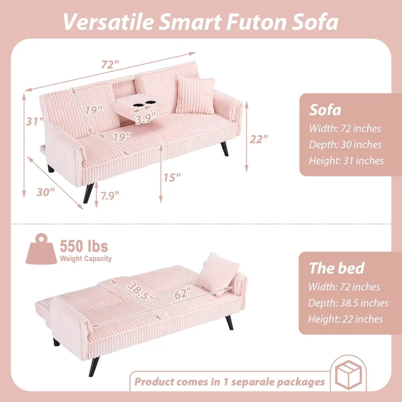FFH Modern Corduroy Futon Sofa Bed with Adjustable Backrest,Convertible Loveseat Sleeper,Soft Couch with Drop-Down Table and Cup Holder for Living room,Pink
