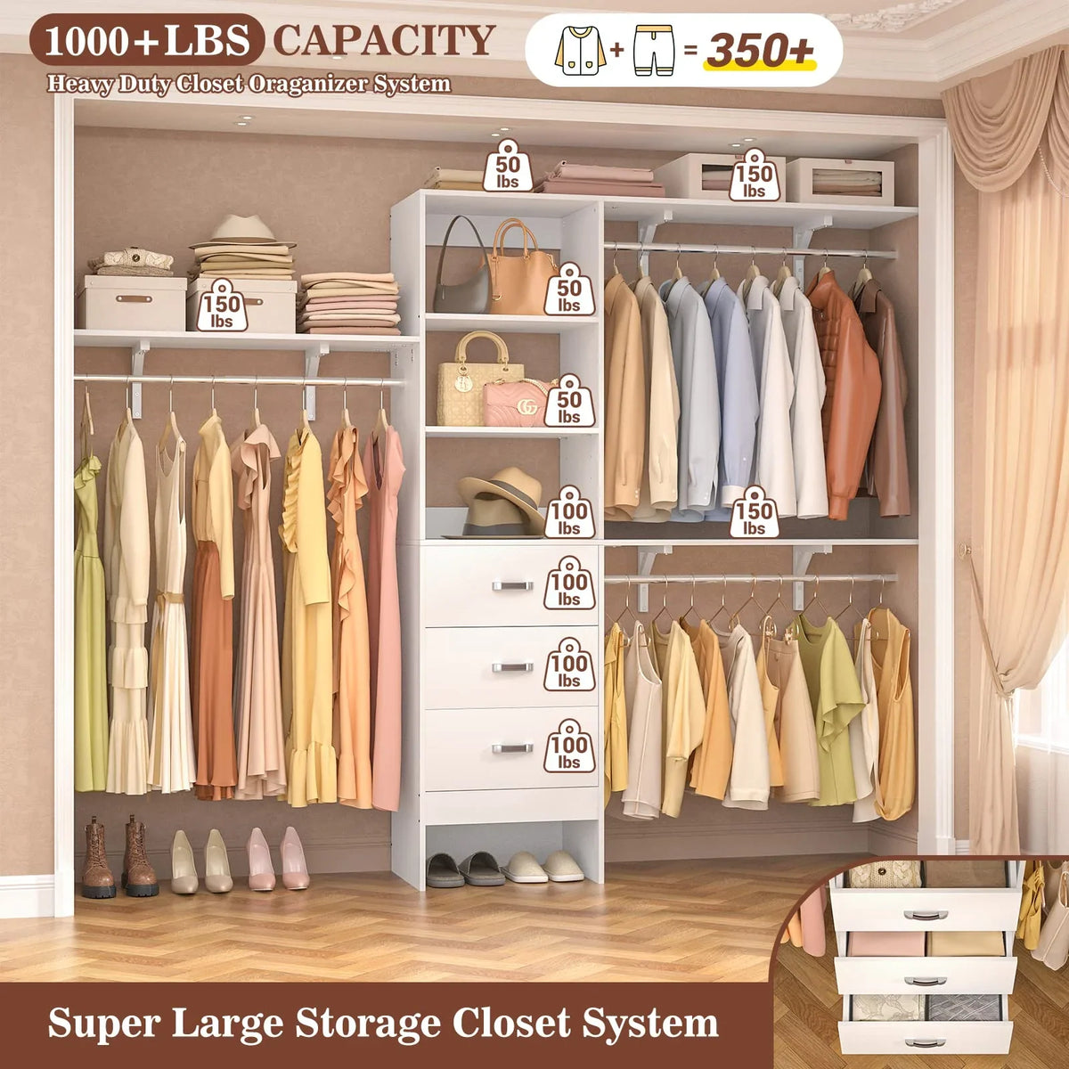 Homieasy 96 Inches Closet System, 8FT Walk In Closet Organizer with 3 Shelving Towers, Heavy Duty Clothes Rack with 3 Drawers, Built-In Garment Rack, 96" L x 16" W x 75" H, White