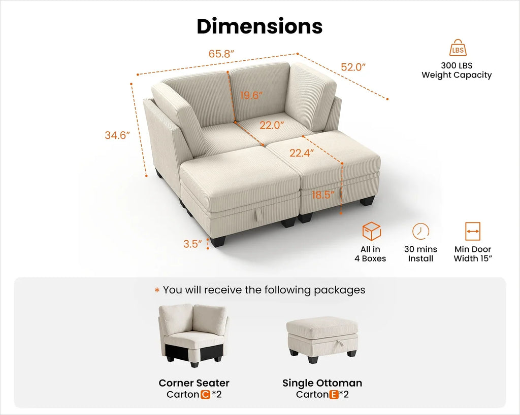 CHIC HOUSE 154.5" Sectional Sofa with Storage Ottoman Chaise, Corduroy U Shaped Sofa Convertible Sectional Couches for Living Room, 12 Seater Corner Modular Sofa with Deep Seat Throw Pillows, Green