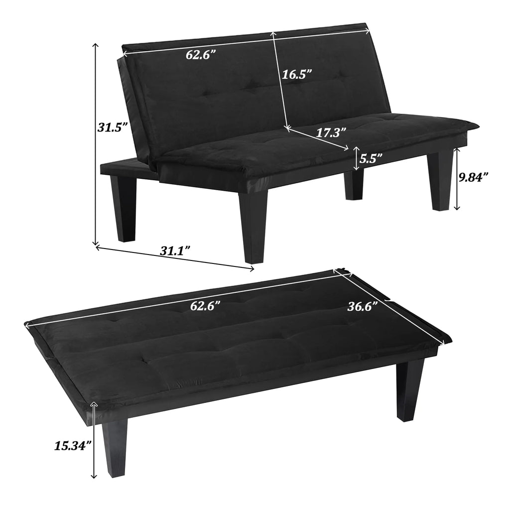 Black Futon Sofa Bed,Modern Faux Suede Convertible Sofa Bed with 3 Adjustable Backrest Angles,Loveseat Sleeper Couch for Living Room Apartment Furniture