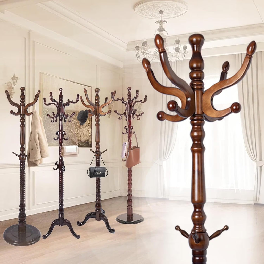 swing 73" Wooden Coat Rack Stand,Coat Racks Freestanding With 14 Hooks And Solid Round Base Heavy Duty Adjustable Height Hall Tree Coat Rack for Entryway Hallway Foyer Office Bedroomf