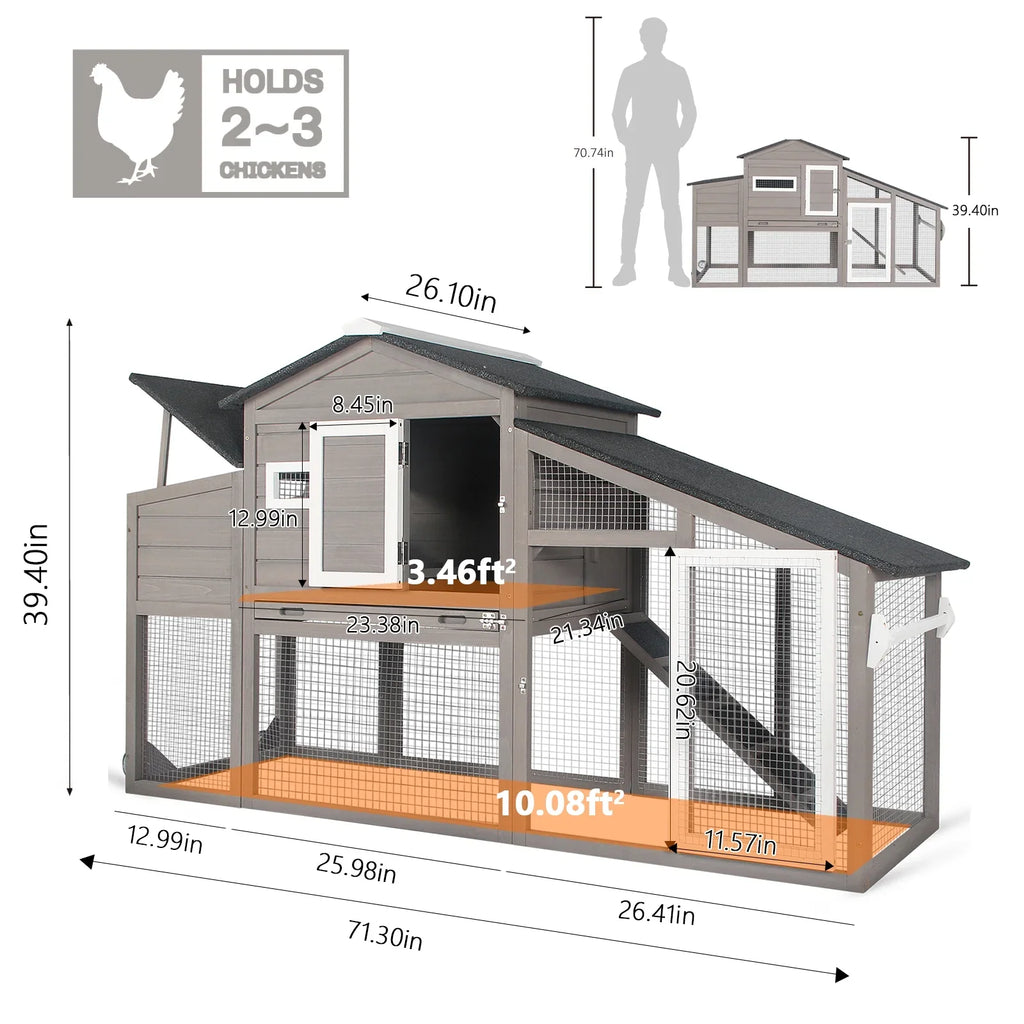 PETSCOSSET Chicken Coop with Run Large Wooden Chicken Tractor with Wheels Waterproof Outdoor Hen House Poultry Cage, Gray
