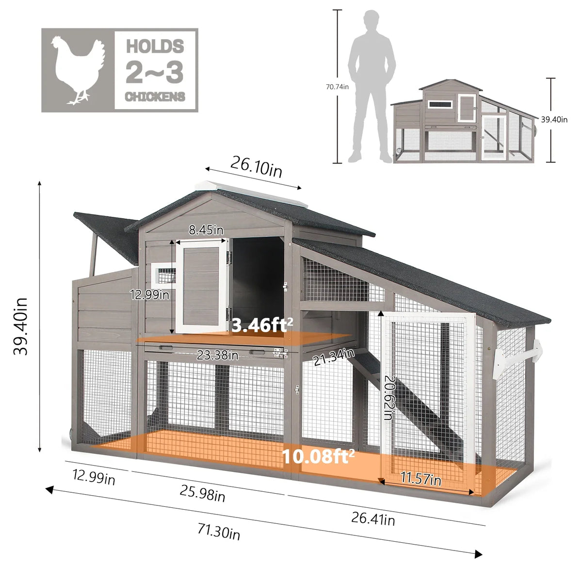 PETSCOSSET Chicken Coop with Run Large Wooden Chicken Tractor with Wheels Waterproof Outdoor Hen House Poultry Cage, Gray