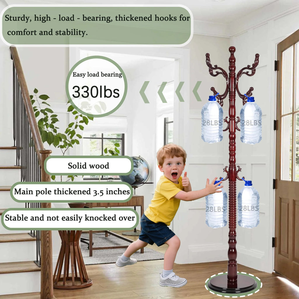 swing 73" Wooden Coat Rack Stand,Coat Racks Freestanding With 14 Hooks And Solid Round Base Heavy Duty Adjustable Height Hall Tree Coat Rack for Entryway Hallway Foyer Office Bedroomf
