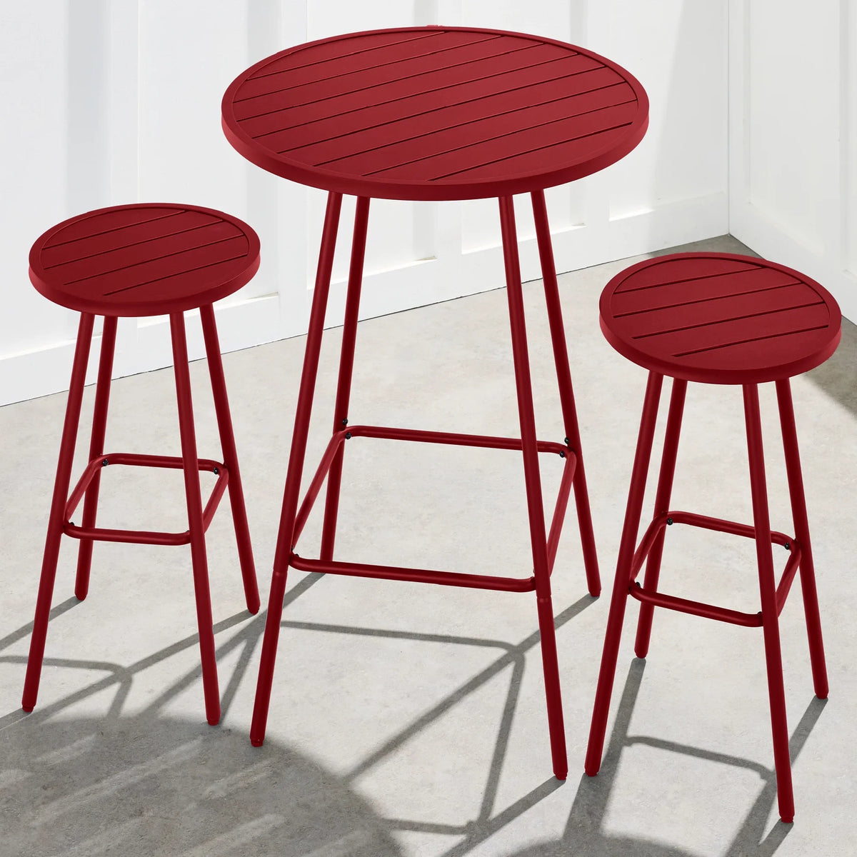 Best Choice Products 3-Piece Steel Patio Bar Height Round Bistro Set w/ Backless Stools, Slatted Design - Black