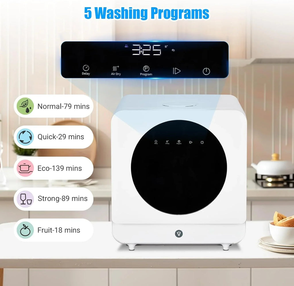 NEILA Countertop Dishwasher - 5 Programs Portable Dishwasher with Touch Control & Air-Drying Function, 2 in 1 Tabletop Dishwasher for Home, Apartments - White