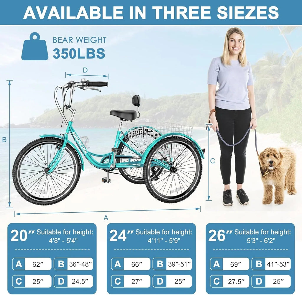 MOONCOOL Adult Tricycles with Rear Basket & Inflator, 24 26 inch 7 Speed 3 Wheel Bikes, Three-Wheeled Bicycles Adult Trike with Backrest for Seniors, Women, Men