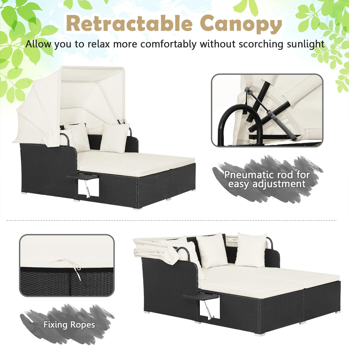 Costway Patio Rattan Daybed Lounge Retractable Top Canopy Side Tables Cushions Red