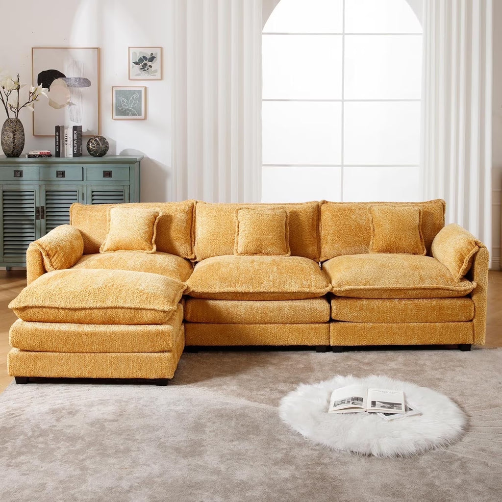 GNIXUU 112" Oversized Sectional Sofa Cloud Couch for Living Room, Modern Chenille L Shaped Couch, Comfy Boucle Modular Sofa Sleeper with Moveable Ottoman & Memory Foam (Green)