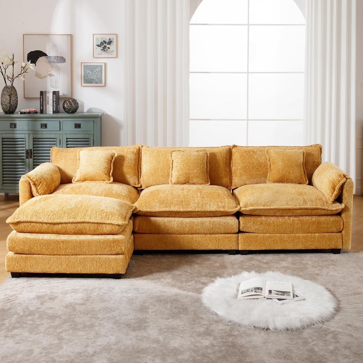 GNIXUU 112" Oversized Sectional Sofa Cloud Couch for Living Room, Modern Chenille L Shaped Couch, Comfy Boucle Modular Sofa Sleeper with Moveable Ottoman & Memory Foam (Green)