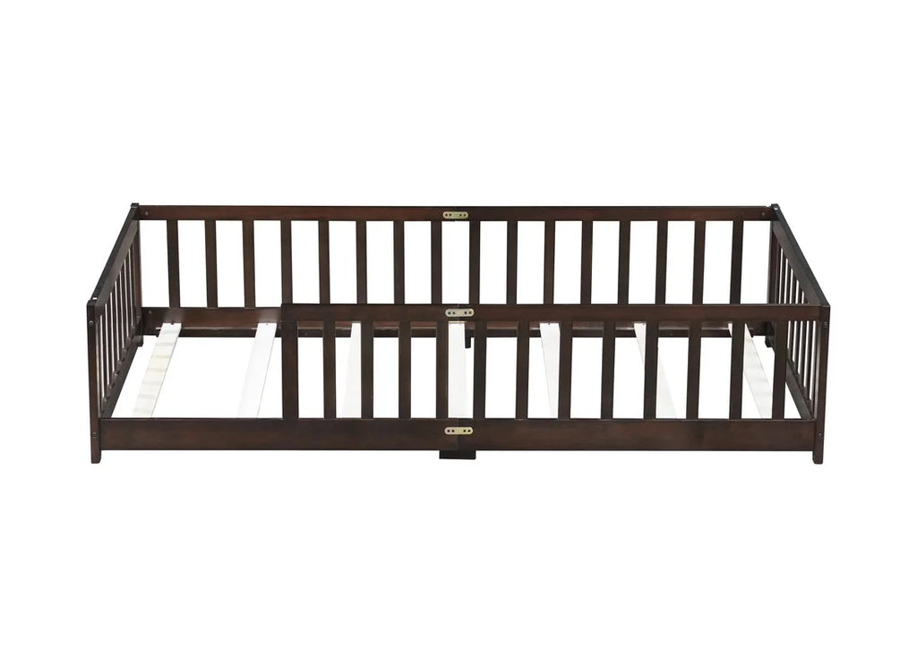 Bellemave Twin Size Floor Beds, Wood Montessori Bed with Fence Railings & Support Slats, No Box Spring Needed (Gray"