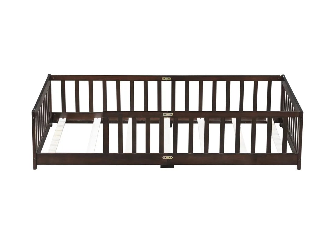 Bellemave Twin Size Floor Beds, Wood Montessori Bed with Fence Railings & Support Slats, No Box Spring Needed (Gray"