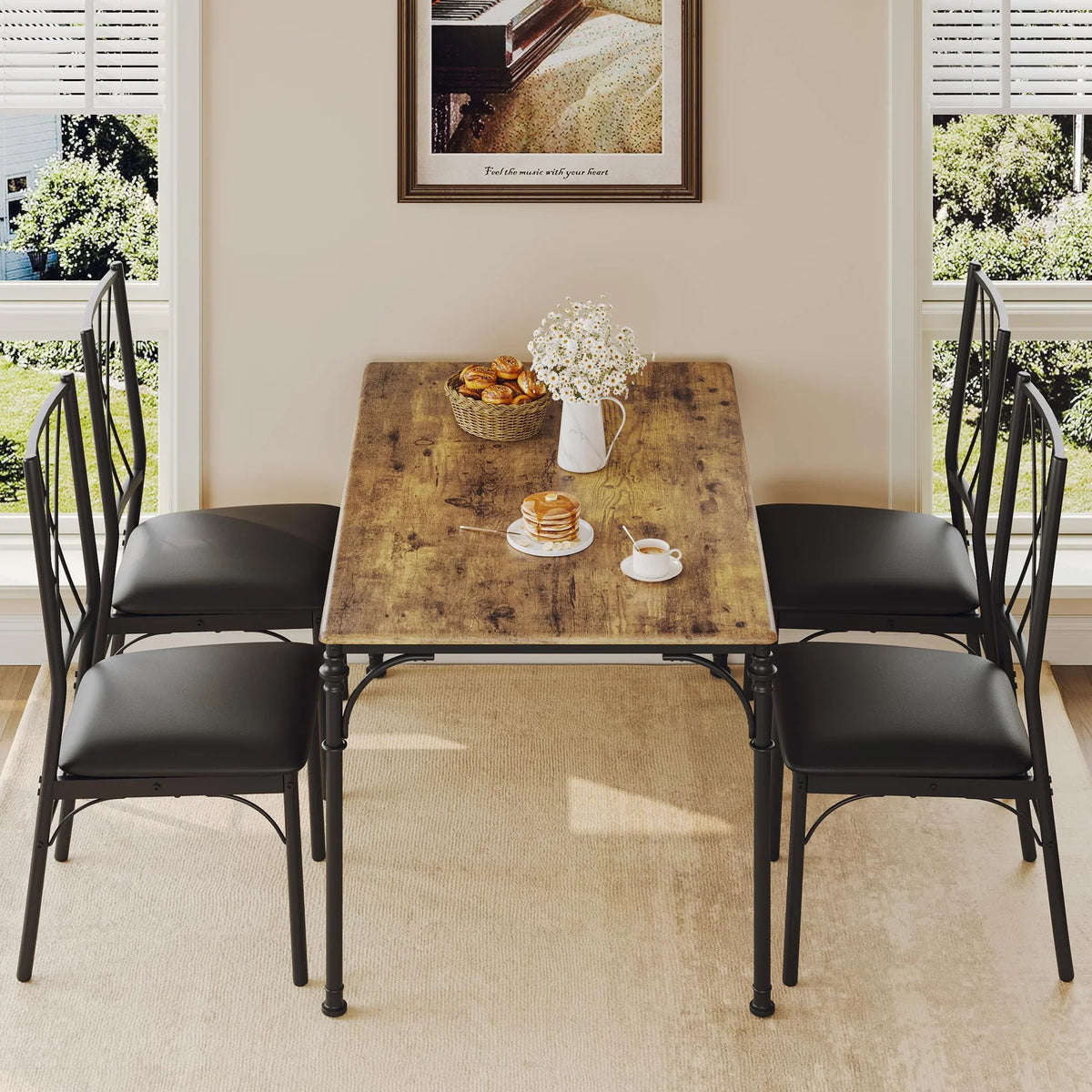 Huisuilinss Dining Table Set For 4,5-Piece Kitchen Table And Chairs Set,Farmhouse Rectangular Dining Room Table Set,Kitchen Table Set With 4 Chairs,Wood Metal Frame Dinette Set For Apartment