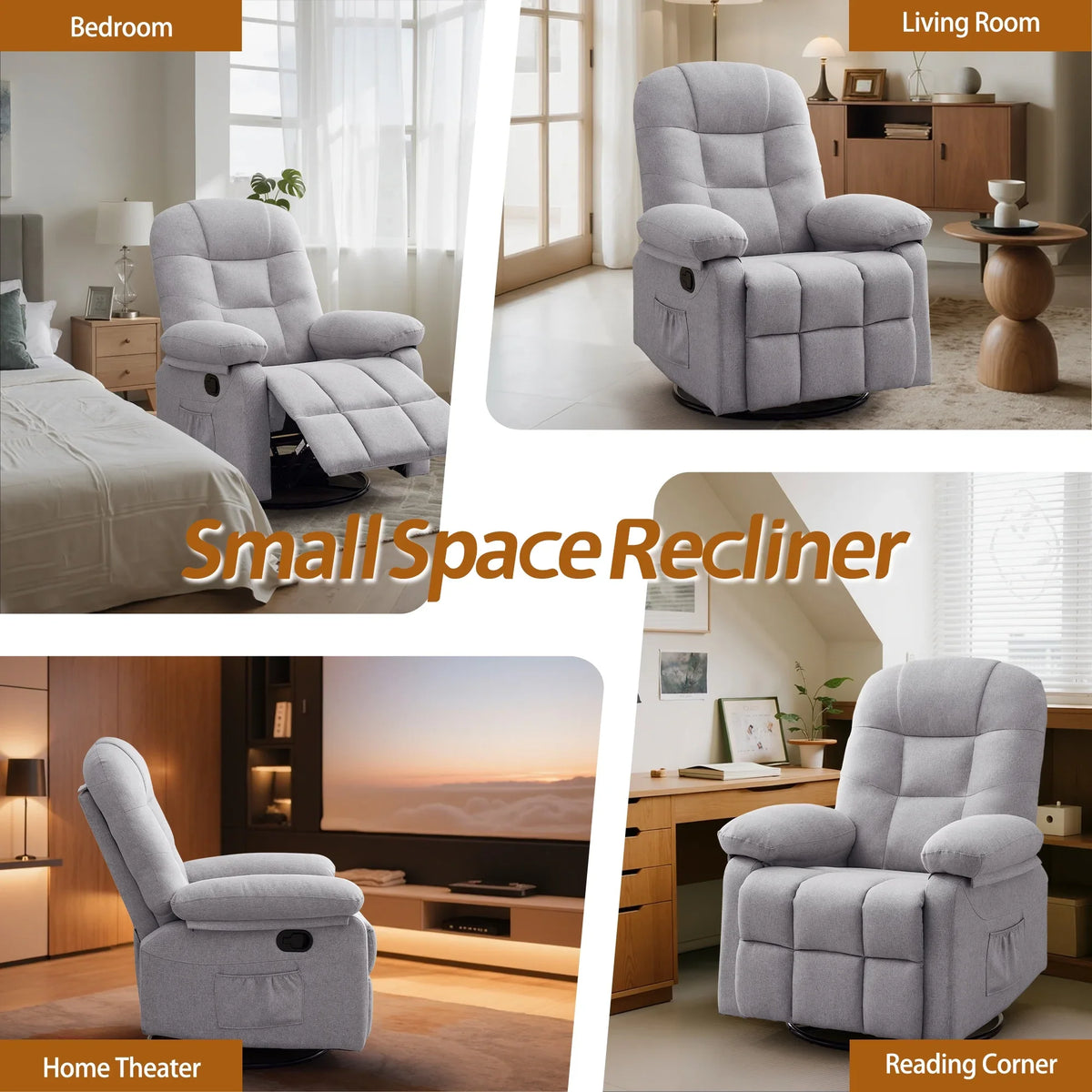 Korser Manual Swivel Rocker Recliner Chair for Living Room,Small Recliner Sofa for Small Spaces,Linen Fabric,Dark Black