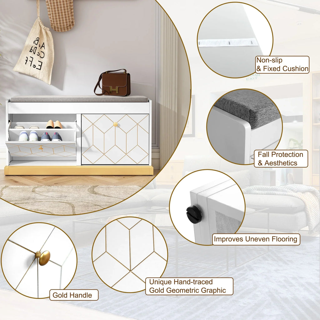 HLR White Shoe Cabinet, Shoe Cabinet with 2 Drawers Shoe Storage, Entryway Bench with Padded Seat