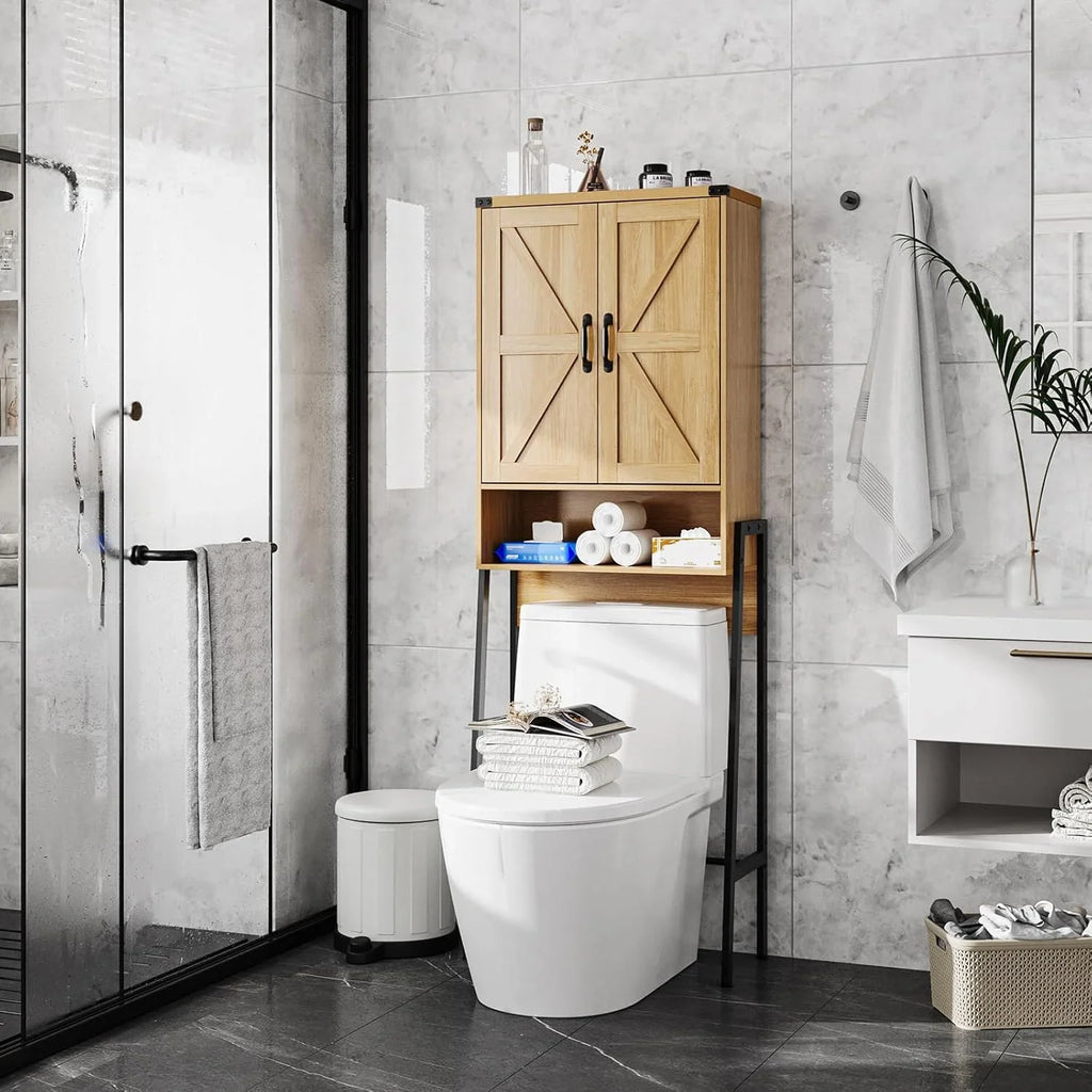 Vabches Over The Toilet Storage Cabinet, 68" H Farmhouse Freestanding Bathroom Storage Organizer with Double Doors & Storage Shelves