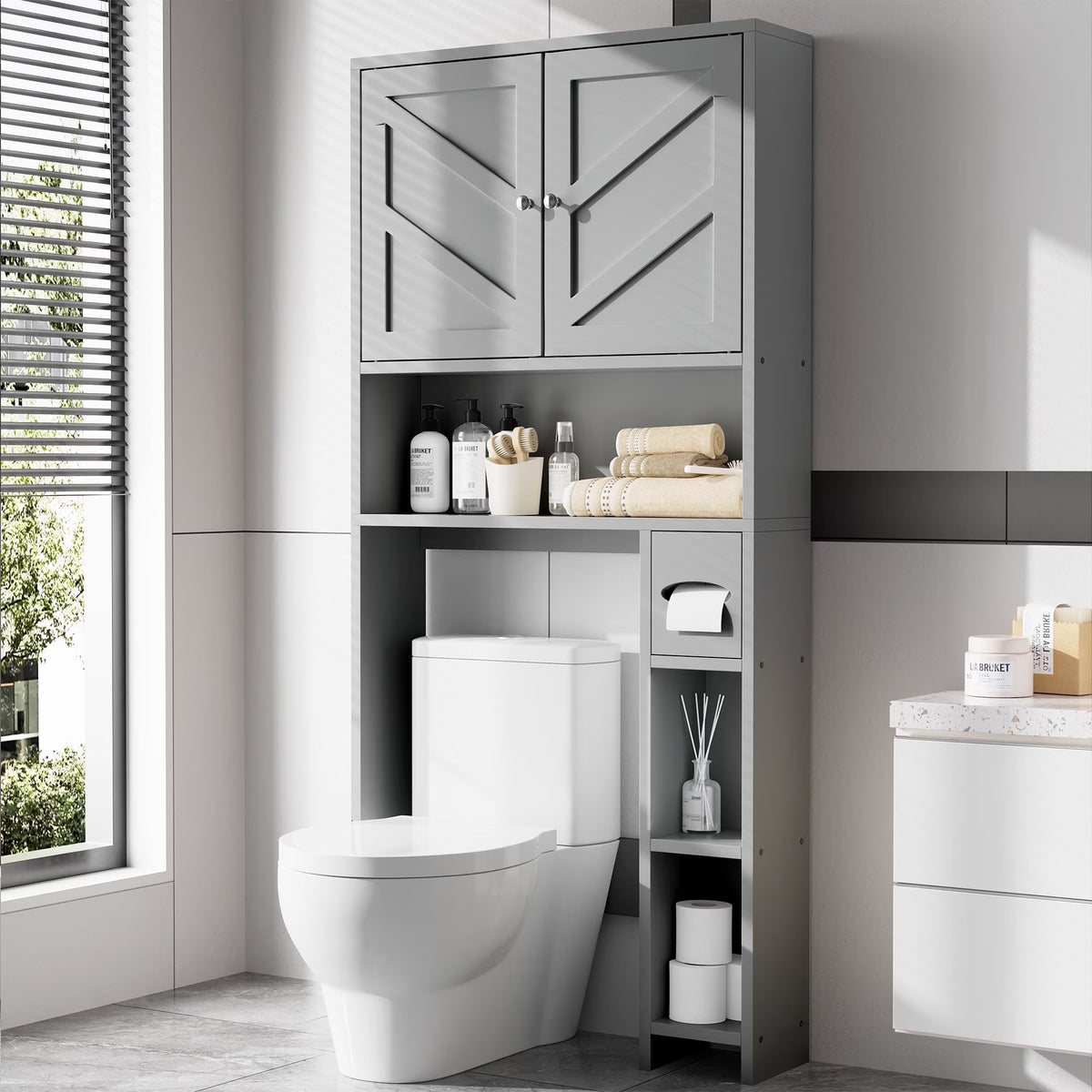 Walsunny Over the Toilet Storage Cabinet with Doors Side Storage Toilet Paper Holder Stand Space Saver Shelf Organizer Rack Freestanding for Restroom Bathroom Laundry Gray