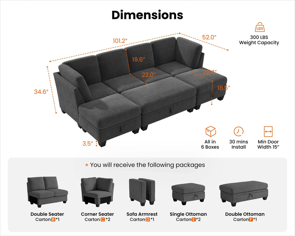 CHIC HOUSE 154.5" Sectional Sofa with Storage Ottoman Chaise, Corduroy U Shaped Sofa Convertible Sectional Couches for Living Room, 12 Seater Corner Modular Sofa with Deep Seat Throw Pillows, Green