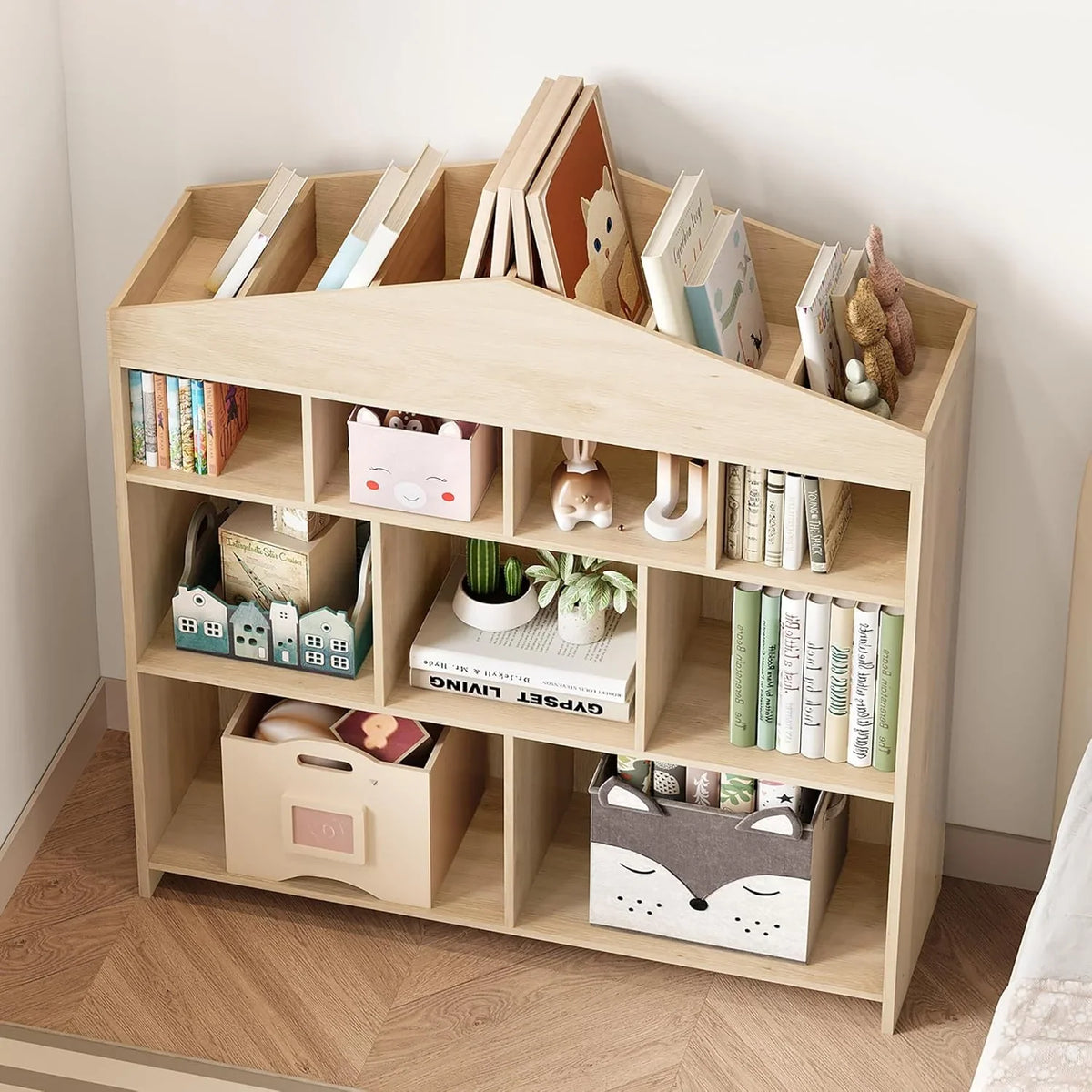 DSstyles Kids Bookshelf 9-Cubby Toy Storage Organizer White Bookcase Toddlers Playhouse Cabinet Shelf for Boys Girls Wooden Storage Toy Shelf for Playroom, Nursery, Kids Room