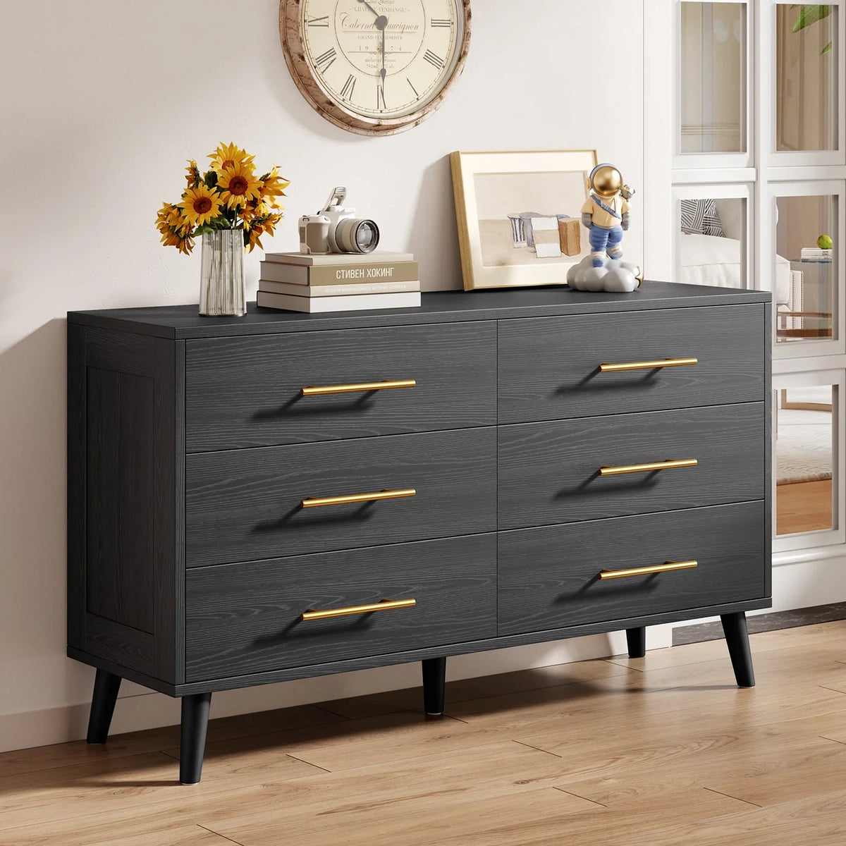 Noelse 3 Piece Bedroom Furniture Set, 6 Drawer Dresser with 2 Nightstands, Modern Wood Storage Organizer with Metal Handles for Bedroom, Living Room,Black