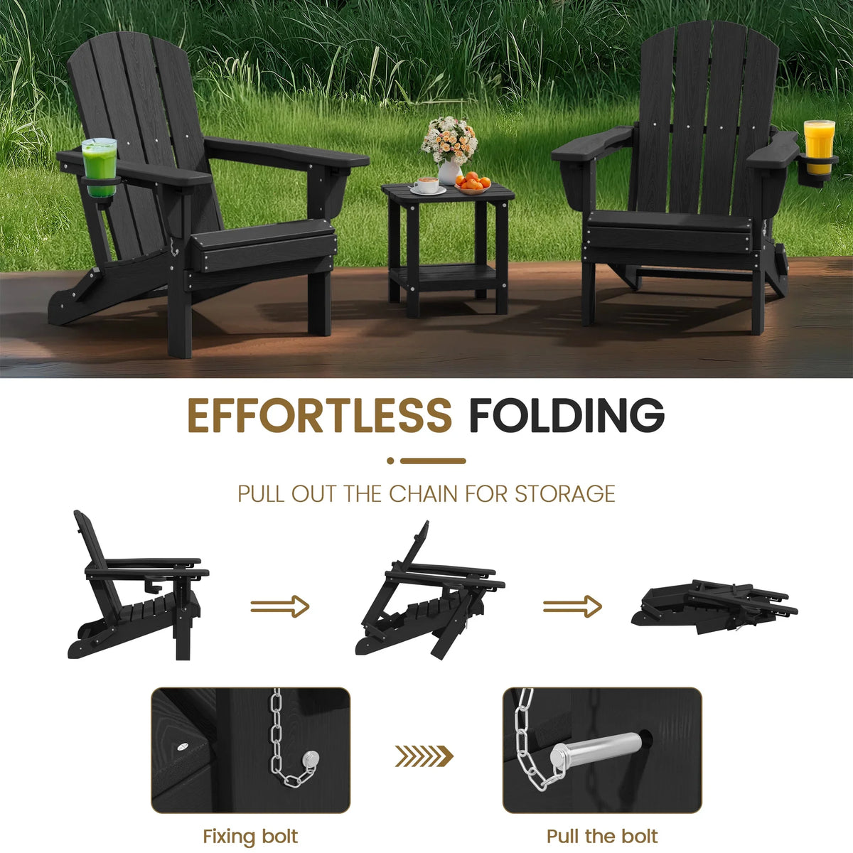 SERWALL Outdoor Adjustable Folding HDPE Adirondack Chairs Set of 2 with Cup Holder, Gray
