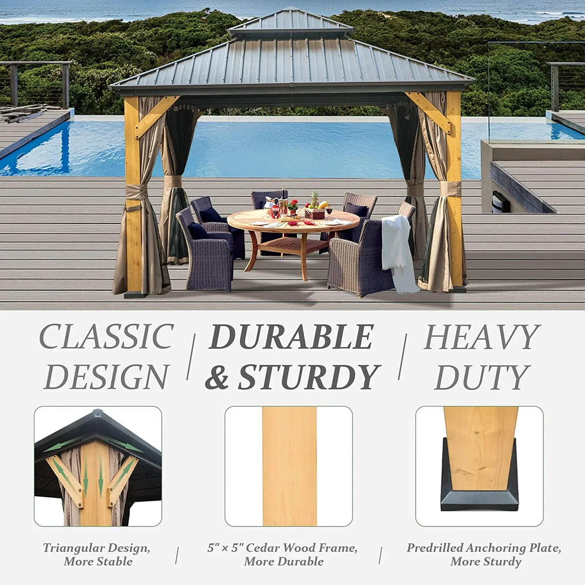 Domi 12x20 ft Wood Gazebo, Cedar Wood Frame Hardtop Gazebo with Galvanized Steel Double Roof, Outdoor Gazebo with Netting and Curtains, Patio Gazebo Pergola Pavilion for Patio, Backyard, Deck, Lawns
