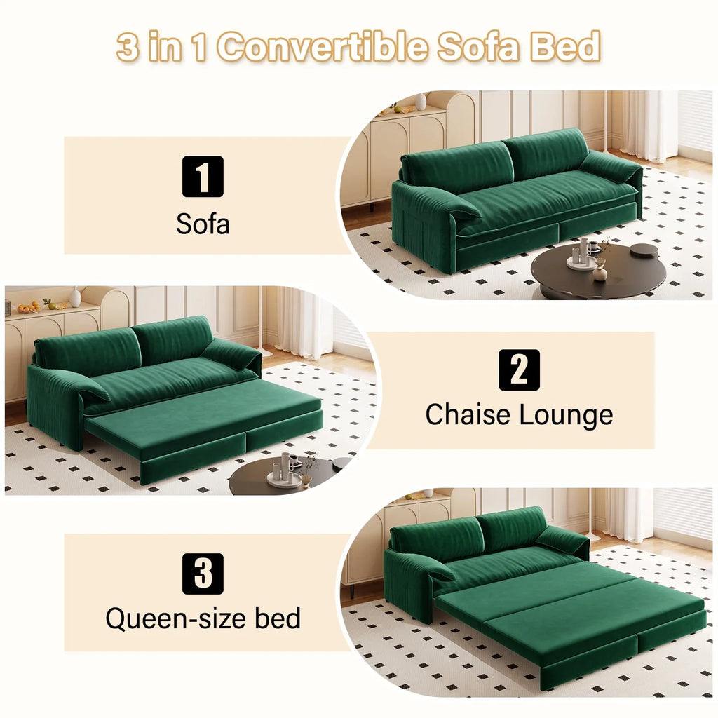 66" Queen Pull Out Sofa Bed, 3-in-1 Convertible Sleeper Sofa with Side Storage,Multi-Functional Velvet Loveseat Bed for Living Room,Bedroom