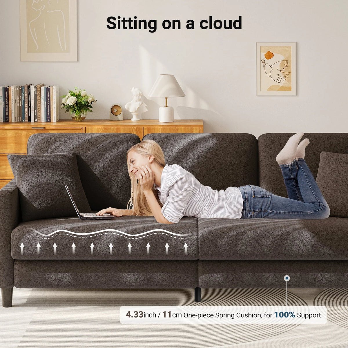 83" Comfortable Upholstered Sofa, 3 Seater Couch for Living Room, Neche Big Loveseat with Extra Deep Seats, 2 Pillows, Beige White