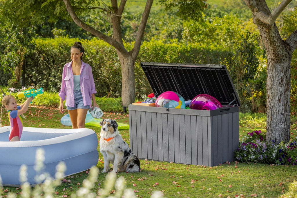 Keter Darwin 100 Gallon Large Resin Deck Box for Patio Outdoor Storage, Grey