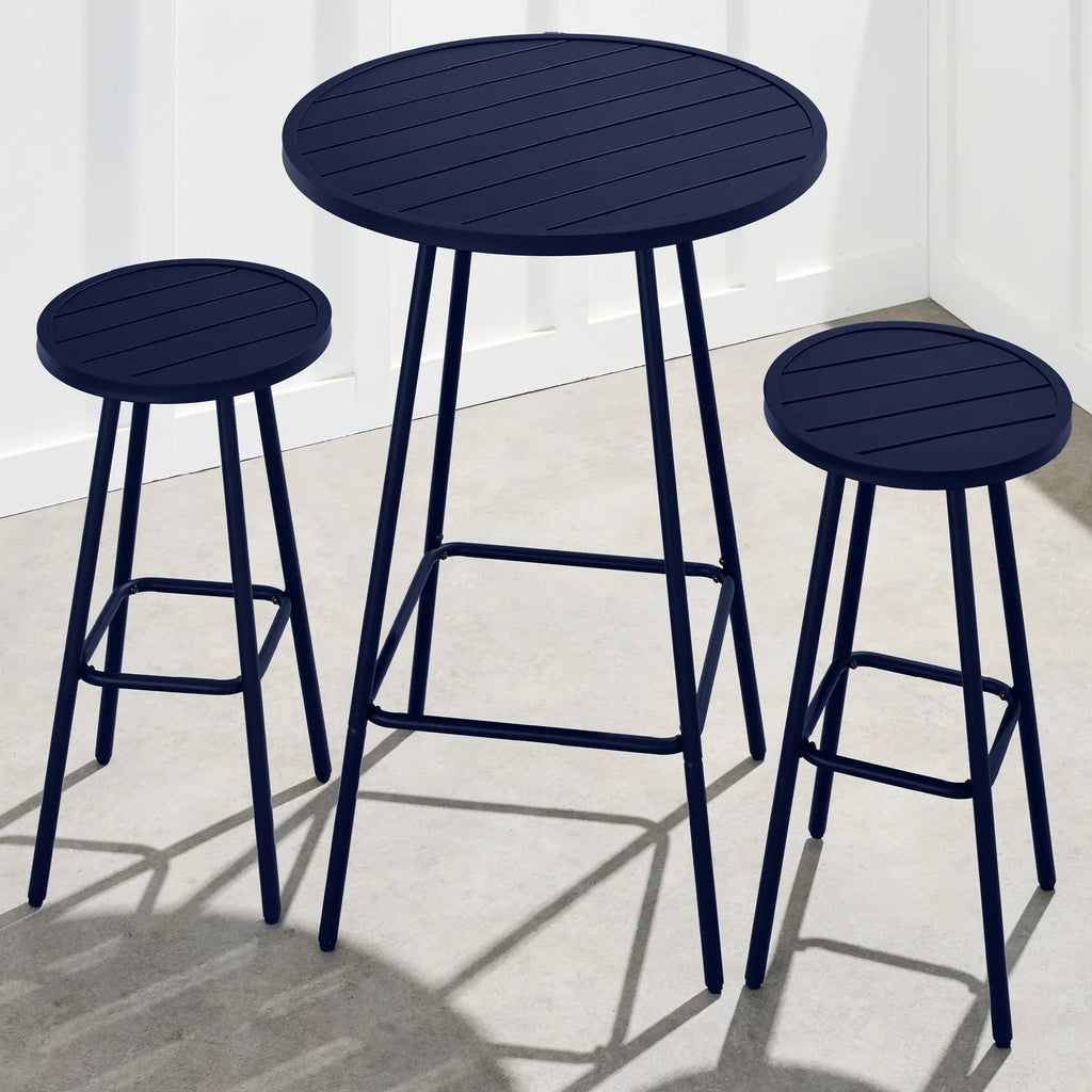 Best Choice Products 3-Piece Steel Patio Bar Height Round Bistro Set w/ Backless Stools, Slatted Design - Black