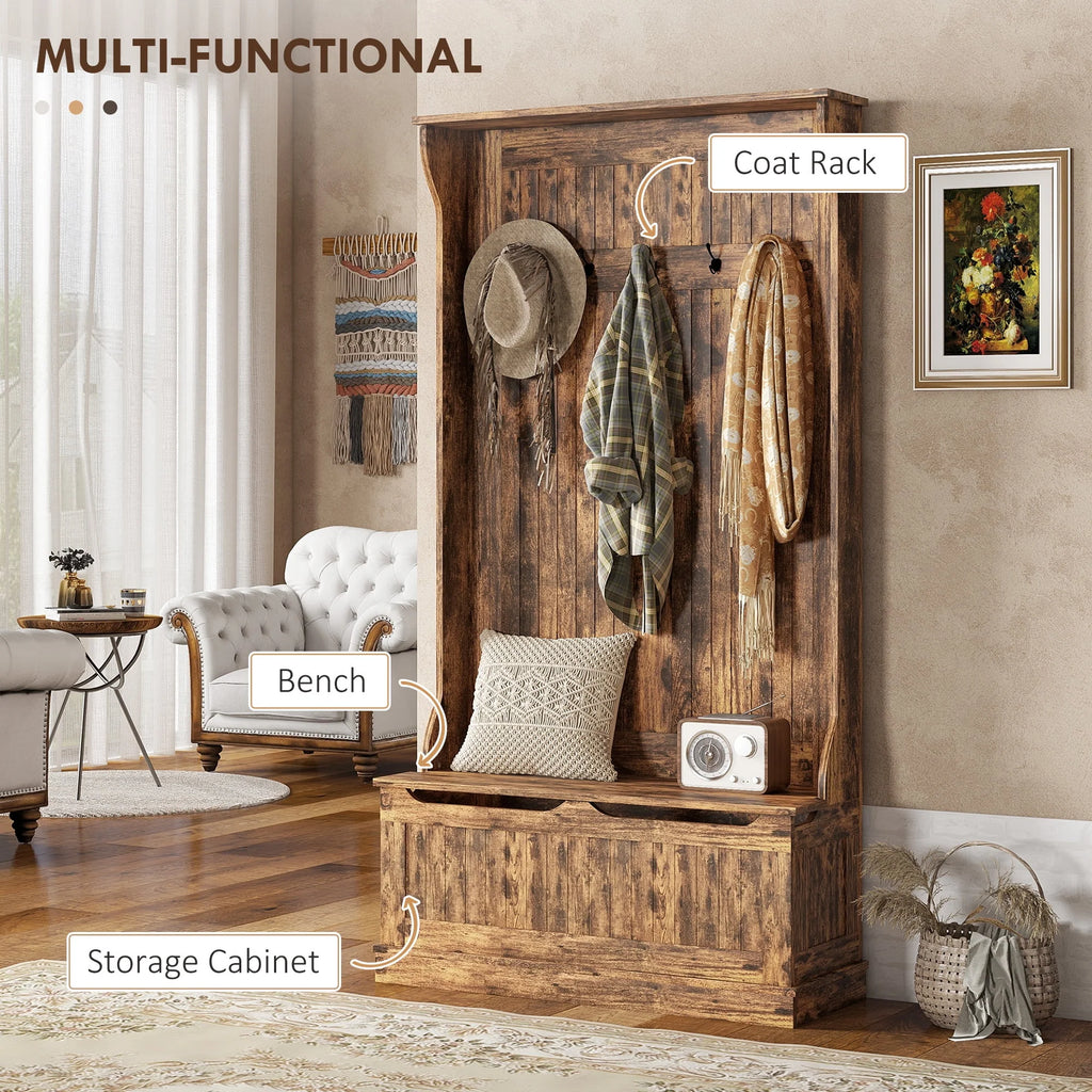 HOMCOM 3-In-1 Hall Tree Storage Bench and Coat Rack with 5 Steel Double Hooks, and Anti-Topple Anchor for Entryway, Cream White