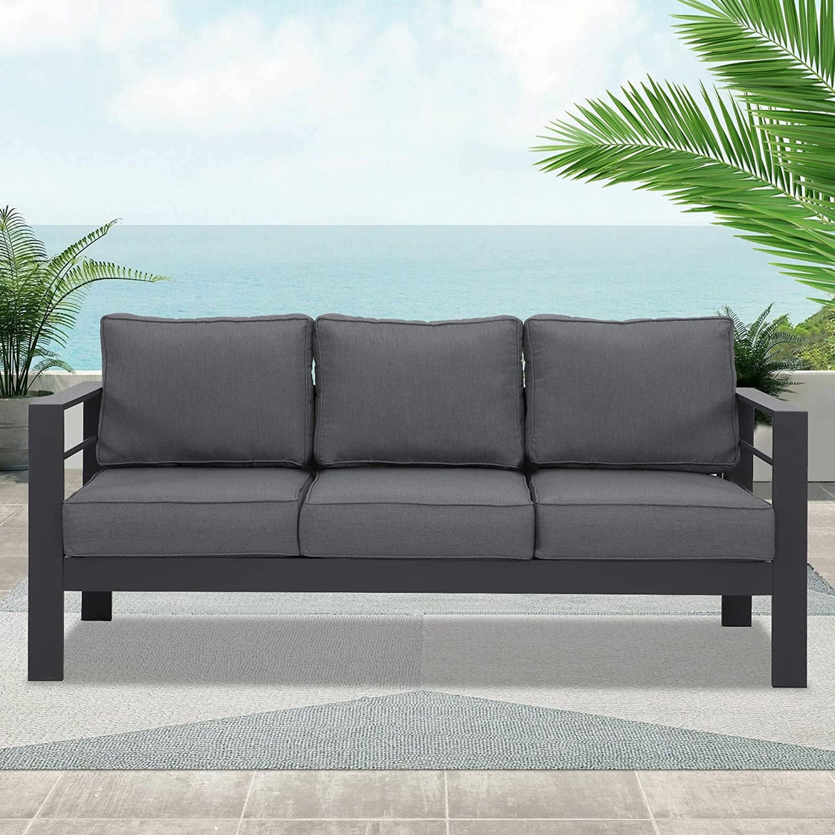 Superjoe Outdoor 3 Seats Patio Aluminum Sofa Furniture, Couch Gray Metal Chair with Cushions, Dark Grey