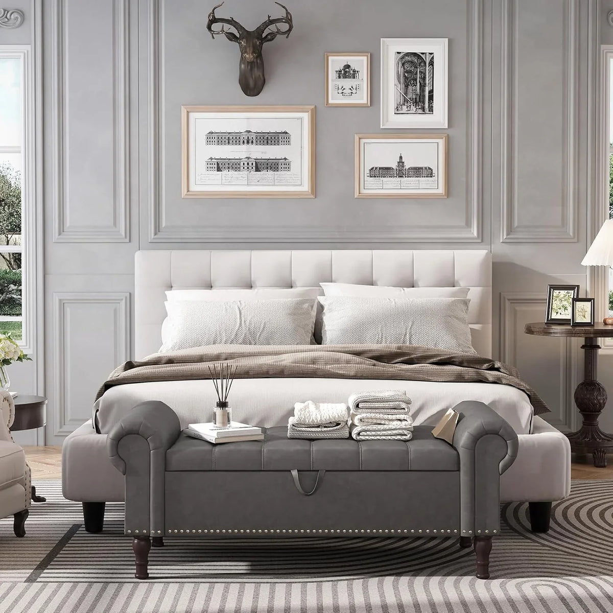 YOUDENOVA Storage Ottoman Bench for Bedroom 51" Queen Leather Storage Bench with Button, Upholstered Bedroom Bench with Rolled Arms for Living Room, Storage Room, Entryway, Gray