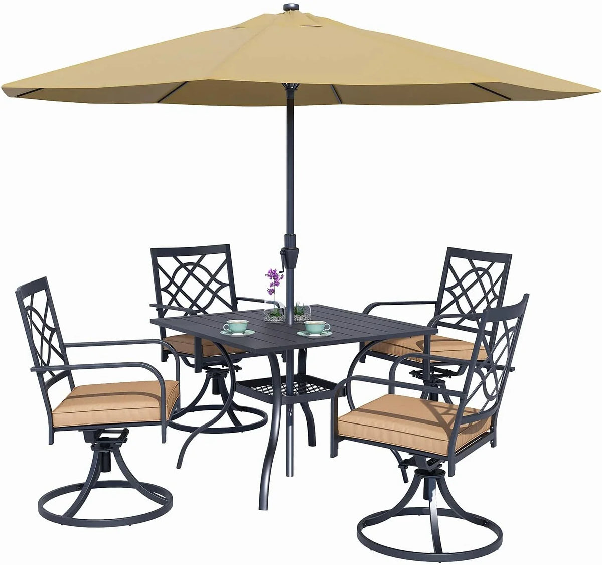 SUNCROWN 5-Piece Outdoor Wrought Iron Chairs and Table Patio Dining Furniture Set - 4 Stackable Metal Chairs, 1 Steel Slat Bistro Table and 1 Sky Blue 9Ft Patio Umbrella for Garden Backyard Deck
