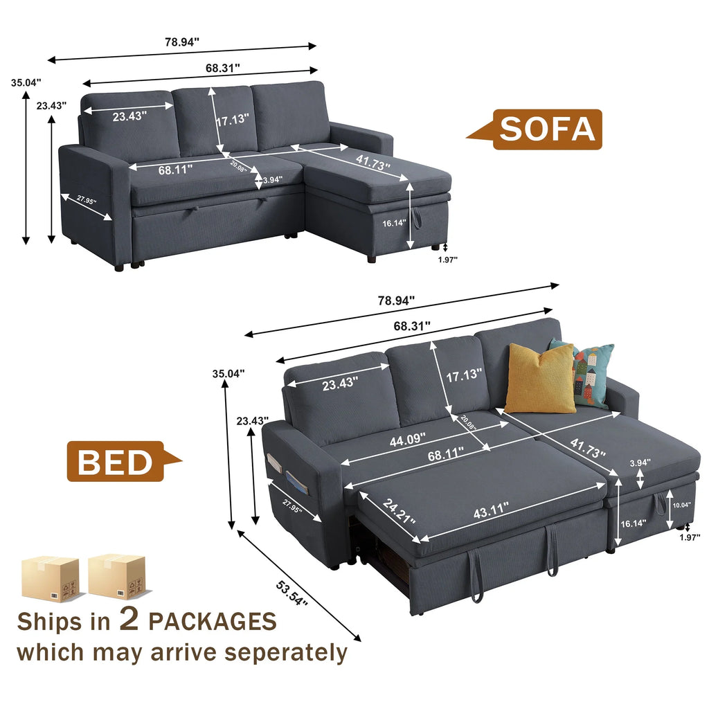 Pingliang Home Pull Out Sleeper Sofa Bed Sectional Sofa with Storage Chaise,L Shaped Sectionals Couches with Side Pockets,Modern Linen Reversible Sofa Couch for Living Room Apartment Office Studio