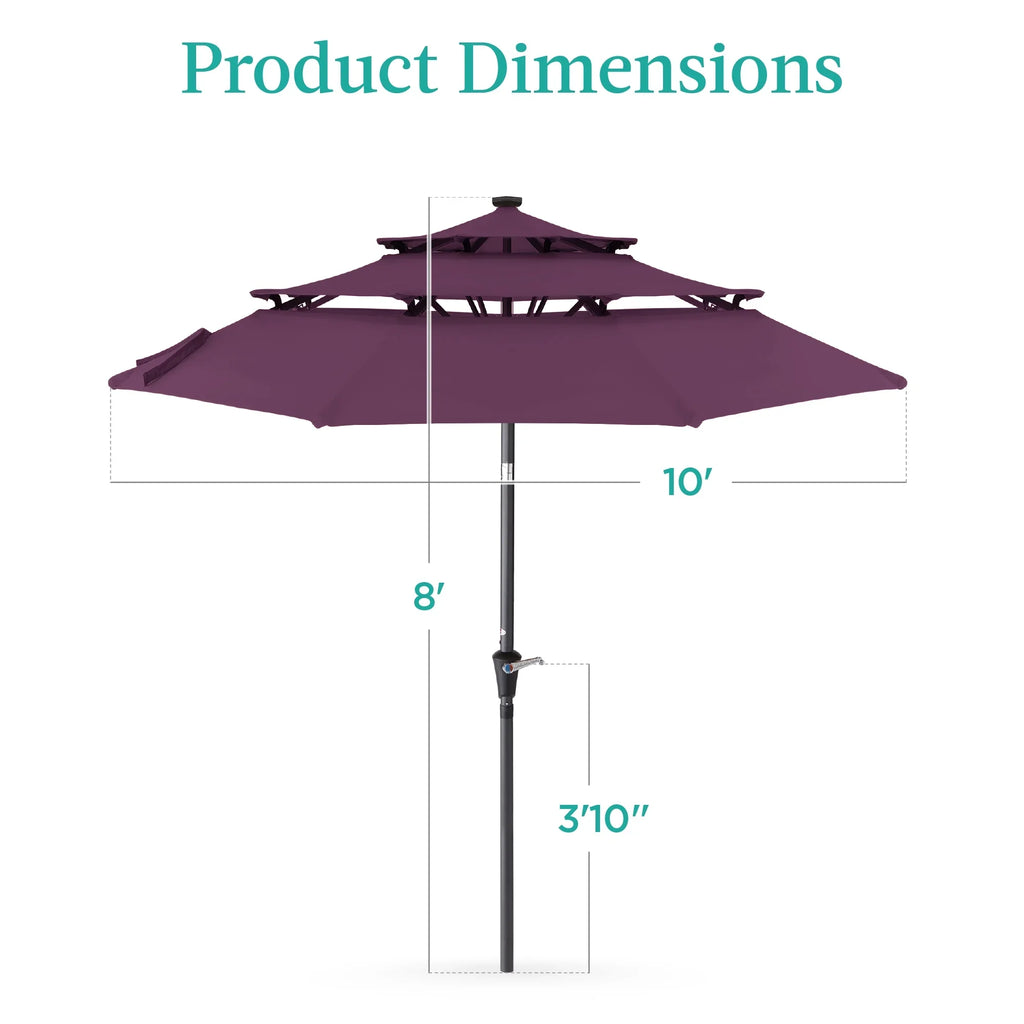 Best Choice Products 10ft 3-Tier Solar Patio Umbrella w/ 24 LED Lights, Tilt Adjustment, Easy Crank - Tan