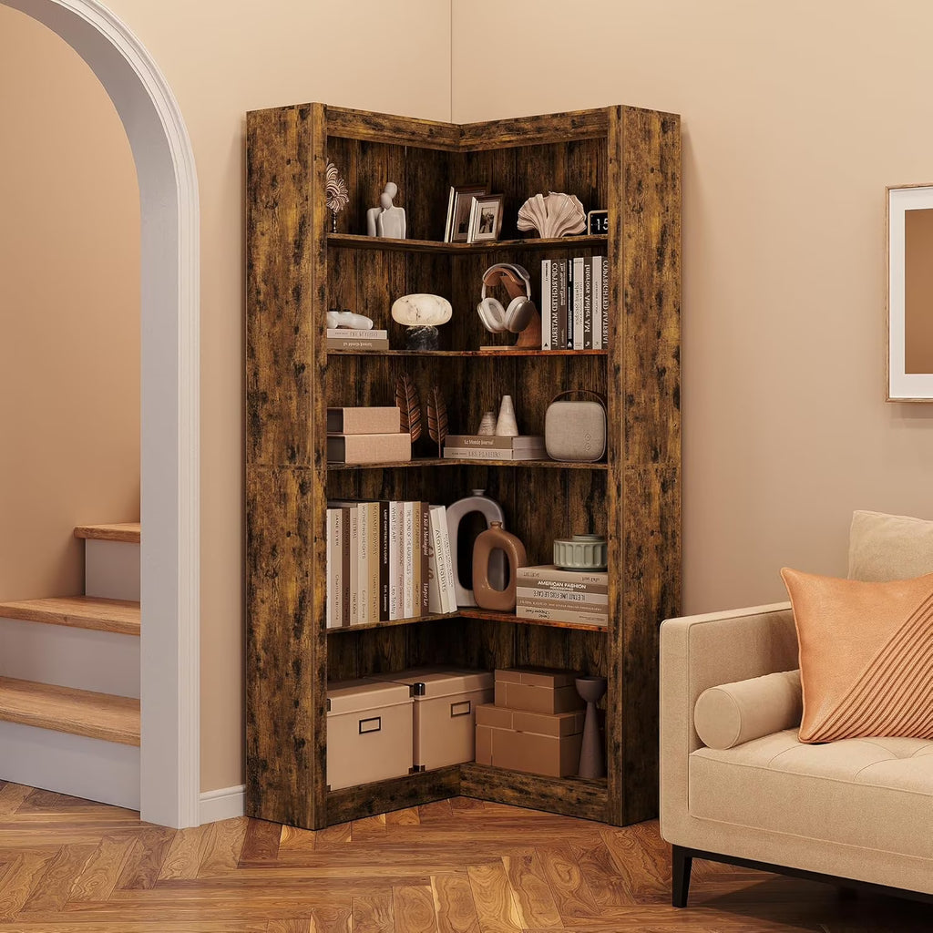 Studyset Corner Bookshelf Farmhouse Corner Bookcase 71.8'' Tall Bookcase, L-Shaped Large Display Shelf 5 Tier L-Shaped Bookshelf Large Shelf w/Anti-Tipping Kit, Bookcases with Storage Heavy Duty
