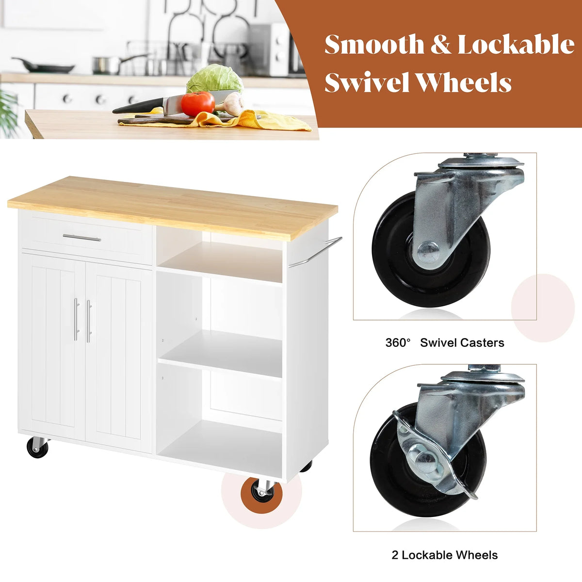 Walsunny Kitchen Island Table Stand with Storage on Wheels,Rolling Kitchen Cart Storage Cabinet with Drawer,White