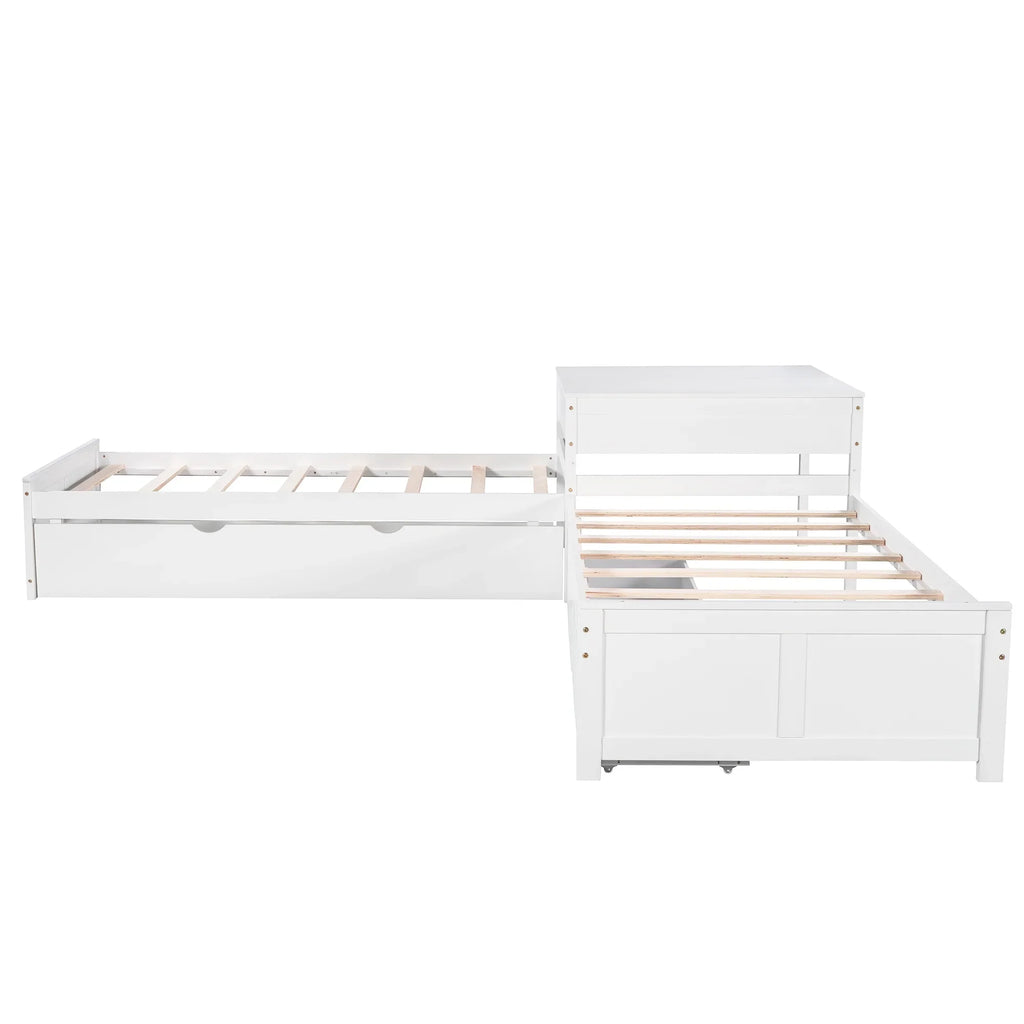 Euroco Wood Twin Size L-Shaped Platform Bed with Square Storage Table for Kids Teens, 2 Platform Beds with Trundle and Drawers for Living Room, 3 Twin Beds, Gray