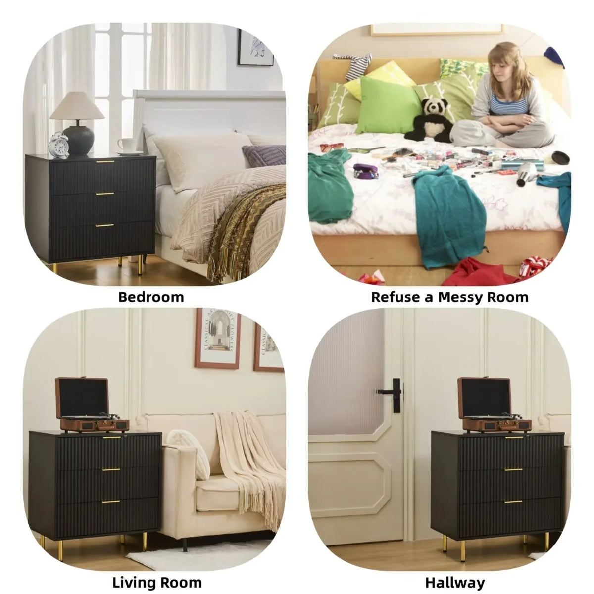 HRYJ White Large 3 Drawers Nightstand Dresser Fluted Wood Night Stand Bedside Table for Bedroom