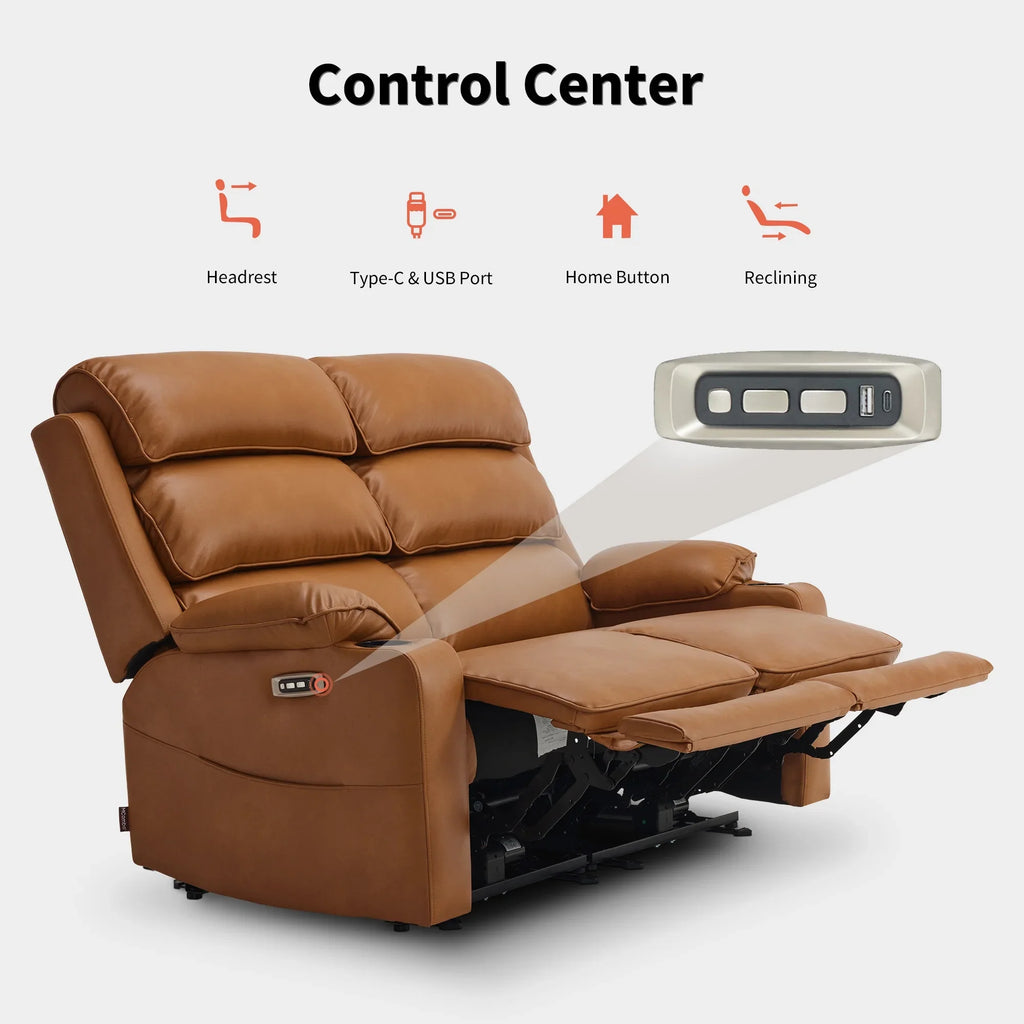 MCombo 63.4" Power Loveseat Recliner Sofa with Adjustable Headrest, Heat and Massage for Living Room, Faux Leather(Light Grey)