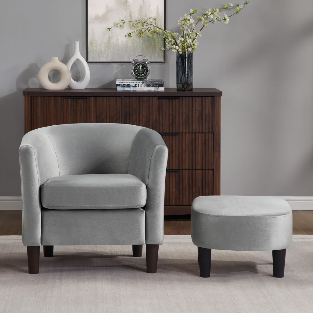 FunniHomi Velvet Accent Chair with Ottoman, Modern Barrel Chair Armchair with Footrest for Living Room, Bedroom and Reading Room, White
