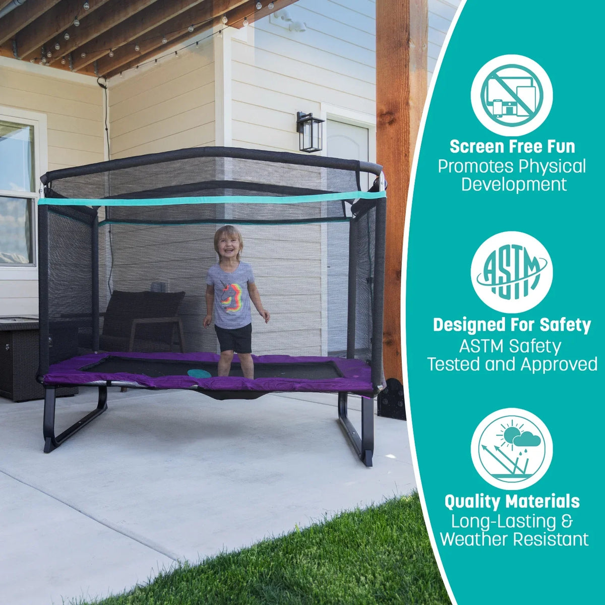 Skywalker Trampoline 6x4ft Rectangle Trampoline with Enclosure Net for Kids and Toddlers, up to 200 LB Safe and Stylish Design Blue and Purple