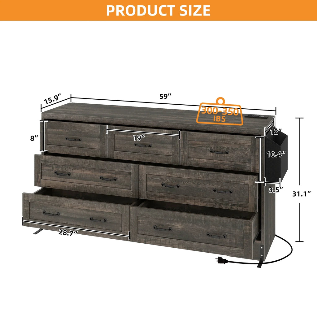 Craftian 7-Drawer Double Dresser Storage Cabinet with Power Outlets, Wood Chest of Drawers, Gray