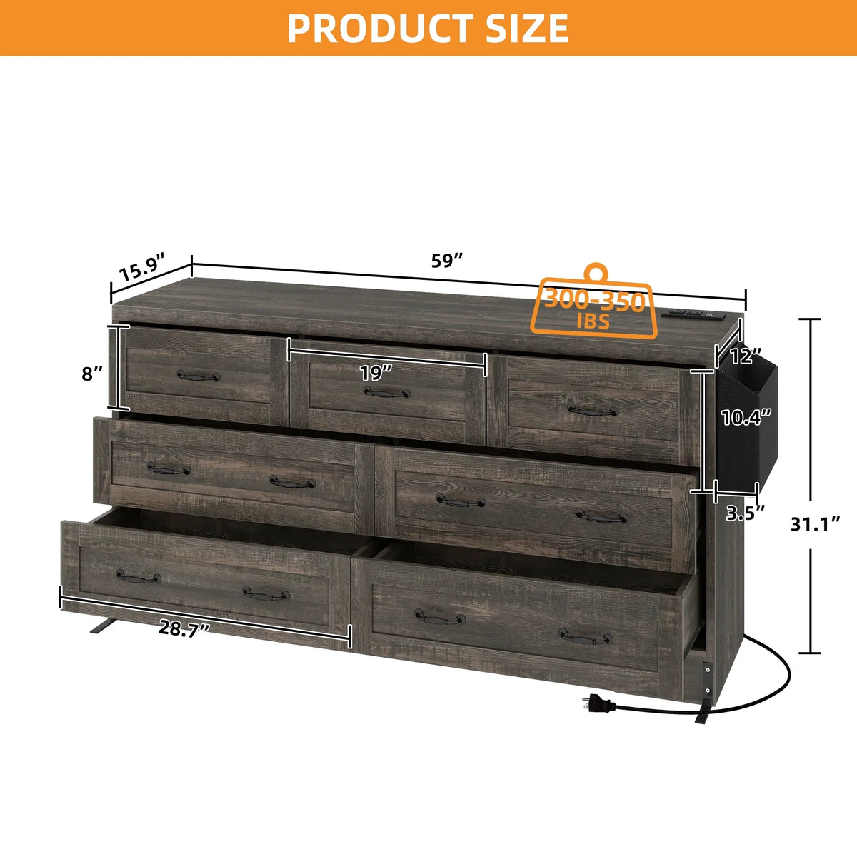 Craftian 7-Drawer Double Dresser Storage Cabinet with Power Outlets, Wood Chest of Drawers, Gray