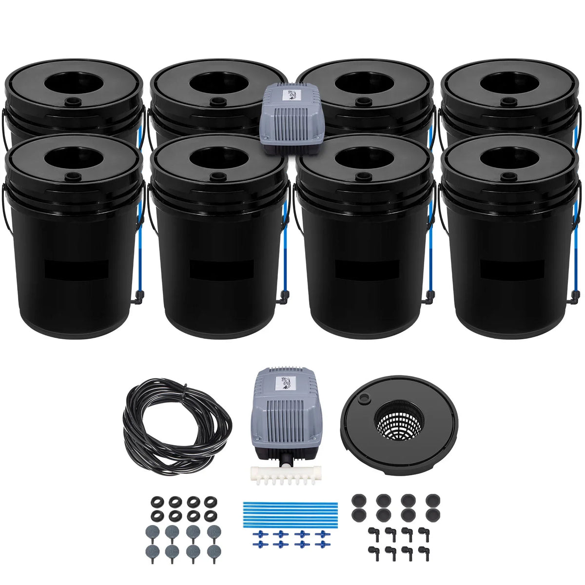 KFFKFF DWC Hydroponic System, 5 Gallon 8 Buckets, Deep Water Culture Growing Bucket, Hydroponics Grow Kit with Pump, Air Stone and Water Level Device, for Indoor/Outdoor Leafy Vegetables