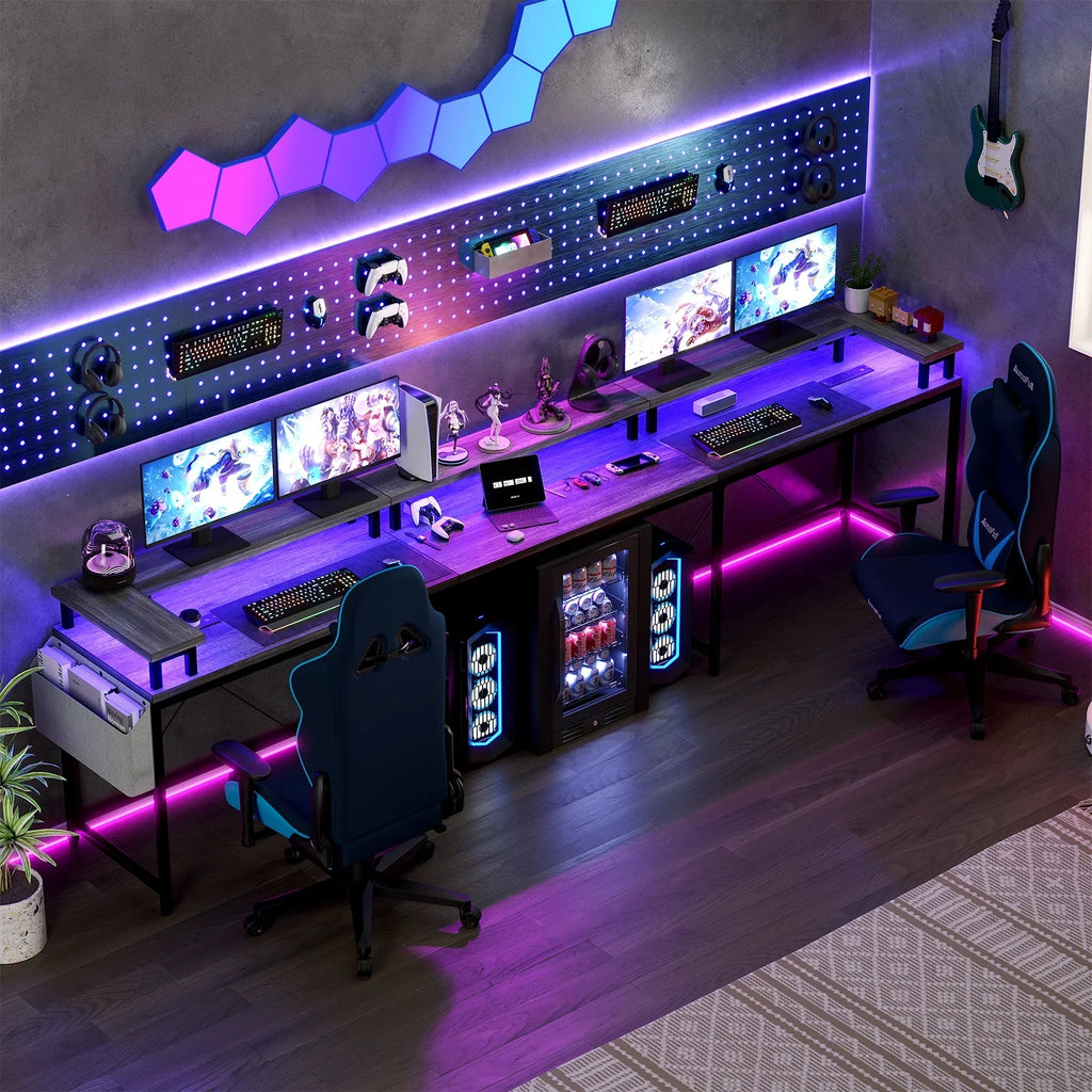 Yesfashion U Shaped Computer Gaming Desk, Reversible L Shaped Desk with Power Outlets, LED Strip & Monitor Stand, Large Corner Desk with Storage Shelves