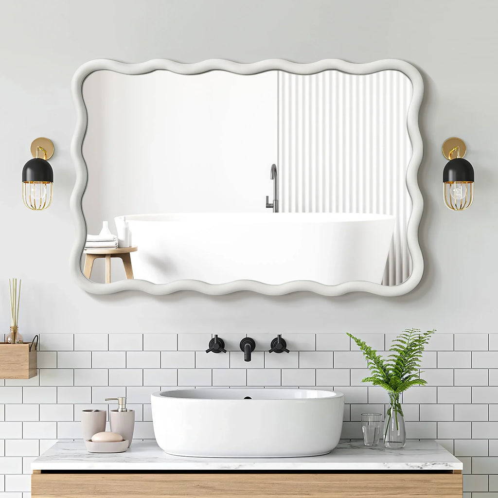 TEWLOSS Wavy Mirrors Wall Mirror, 30"x20" Bathroom Mirror Wood Framed, White