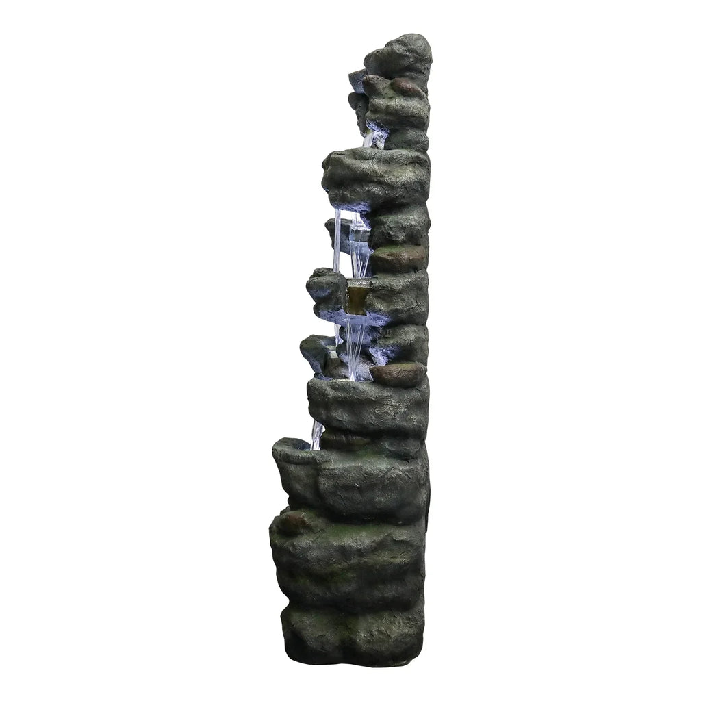51" H Outdoor Water Fountain - 7-Tiers Rock Waterfall Fountain with LED Lights for Home Garden Decor