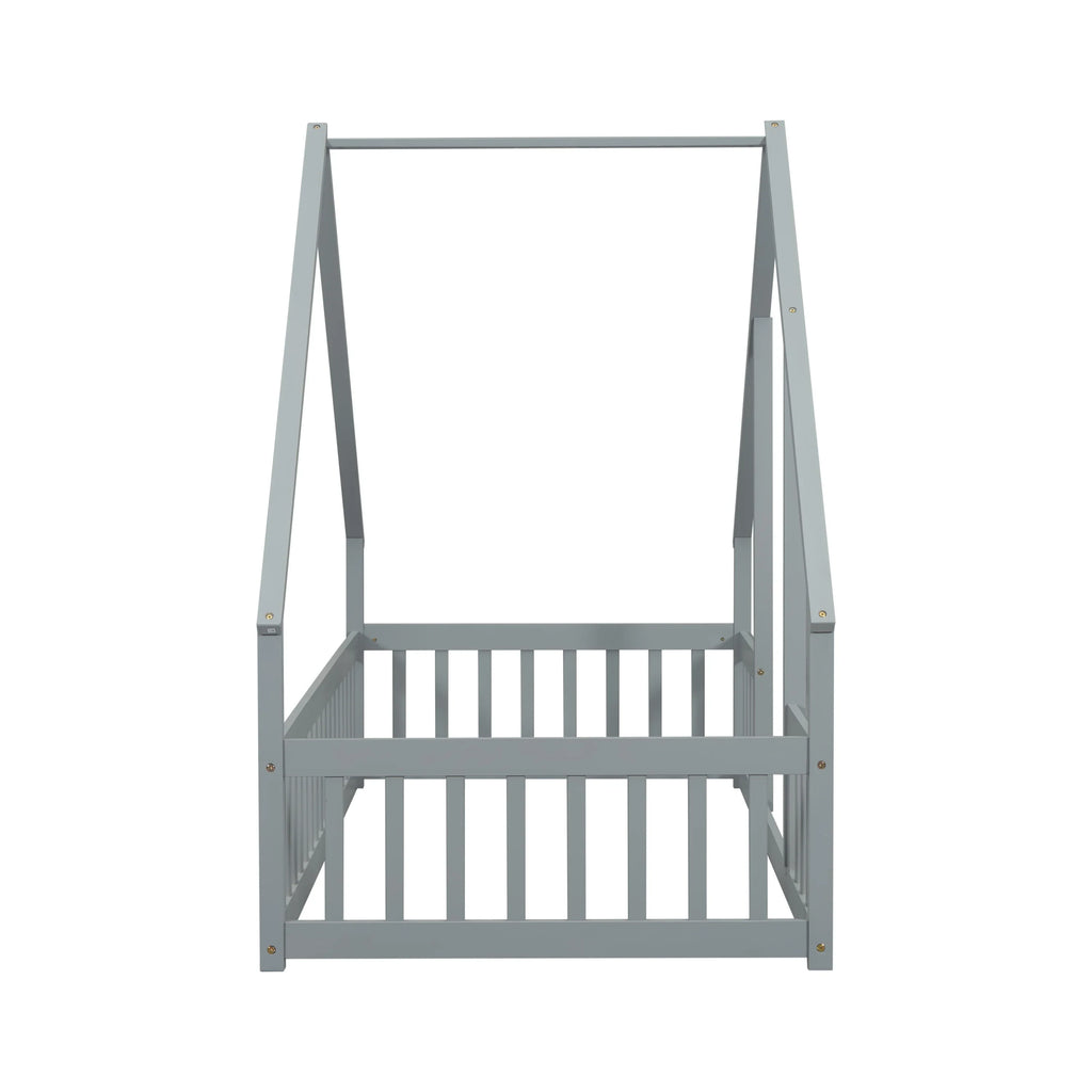 Bellemave Twin Size Floor Bed Frame, Wooden House Bed Twin Size with Fence, Montessori Bed with Guardrails for Bedroom (White)